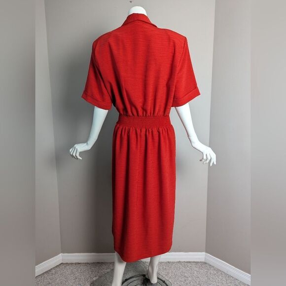 Vintage RedâFaux Wrap Midi Dress Womenâs XL Cinched Waist Shoulder Pads - Picture 9 of 10